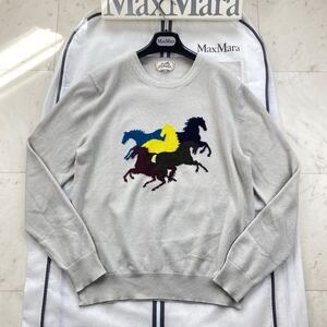 カシミヤ100%◎HERMES エルメス ニット Lサイズ セーター 長袖馬 ホース カシミア マルチカラー メンズ 紳士服 最高級素材 L ライトグレー