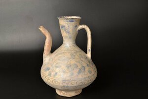 【 ペルシャ　カシャーン　白地藍彩花文水注　12世紀頃　蔦唐草文様　Kashan, Iran 12c】