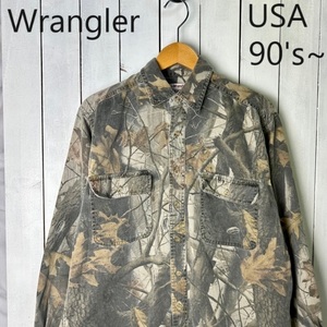 sh●633 USA古着 90s～ Wrangler リアルツリーカモ コットンシャツ L程度 オールド ヴィンテージ アメリカ古着 ラングラー 長袖 ツリー迷彩