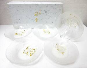 未使用品▲YOSHITANI GLASS 吉谷硝子 江戸硝子金彩淡雪 小皿 5客セット 箱入 日本製 ギフト 管理2104 F-8