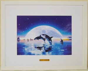 【模写】新品 ラッセン 現代アート 額装付き 壁掛け 額入り 絵画 インテリア 絵 41.5x56.6cm オフセット イルカ スイム・イン・ザ・ムーン