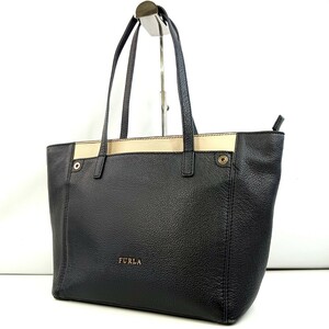 8 # 【 FURLA 】 フルラ レザー 本革 ゴールド金具 ロゴメタル バイカラー セミショルダー 肩掛け トートバッグ 婦人鞄 商品ランク:B