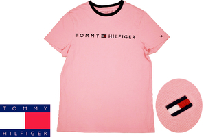 Y-6147★送料無料★美品★TOMMY HILFIGER トミーヒルフィガー★正規品 豪華な胸ロゴ刺繍 リンガートリム ピンク 半袖 Tシャツ S/P