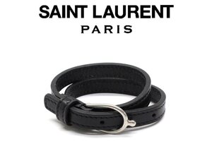 8万新品◆M◆SAINT LAURENT【サンローラン】レザーダブルラップ ホースビットモチーフブレスレット 男女兼用 黒×シルバー 1円