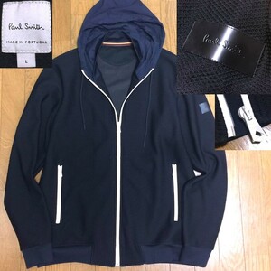 極美品 Paul Smith ポールスミス ポルトガル製 牛革 レザーパッチ ストレッチ ワッフルジャージー ジップ ブルゾン パーカー メンズ L XL位