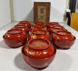 木製 時代漆器 金彩 蒔絵 椀 吸物椀 雑煮椀 汁椀 和食器 時代物 10客セット木箱付き