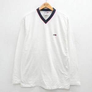 XL/古着 トミーヒルフィガー トミージーンズ 長袖 ビンテージ Tシャツ メンズ 90s ワンポイントロゴ コットン Vネック 白他 ホワイト 24aug