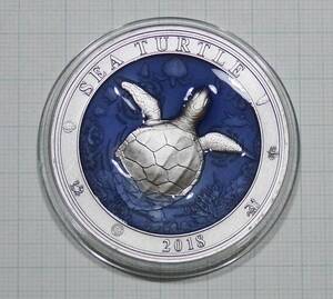 縁起物 ウミガメ 亀 大型 ハイレリーフ カラー銀貨 3oz 999枚のみ★バルバドス 5ドル 2018年 専用ケース入り★