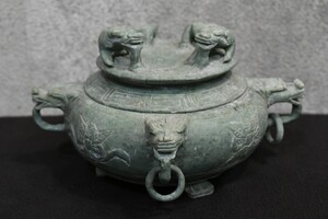 tr2410132 中国美術 香炉 遊環付き 獅子 置物 繊細彫刻 工芸品 インテリア オブジェ 飾り 香道具 検(骨董 古美術 玉石