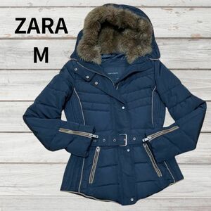 ZARA ダウンジャケット　フェイクファーのフード付き　ブラック