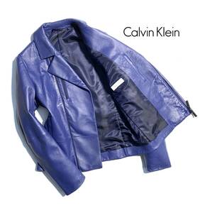 極美品【定価9.3万】Calvin Klein カルバンクライン レザー ライダースジャケット 38 メンズ 羊革 美シルエット ネイビー 刻印ダブルジップ