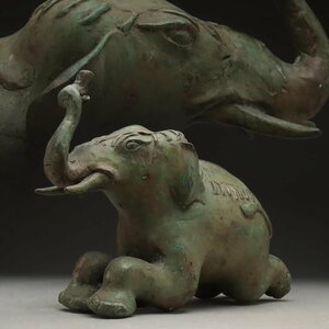 JK616 時代金工 重厚 古銅 青銅「象」置物 幅29.2cm 重4.9kg・「座る象」オブジェ