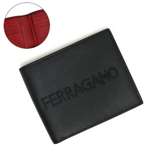 （新品・未使用品）サルヴァトーレフェラガモ Salvatore Ferragamo ロゴ 二つ折り財布 札入れ カーフスキン レザー ブラック 66A376 箱付