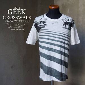 日本製 ギーク GEEK 白 オフホワイト ジンバブエ天竺 CROSS WALK モノクロ フォトプリント 半袖 Tシャツ 36 M