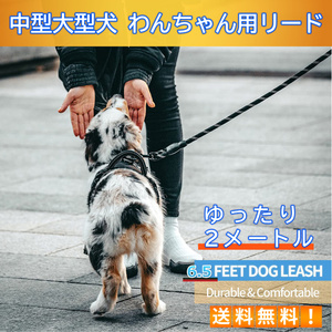 犬用リード 丈夫な愛犬用リード ペット用リード 訓練リード お出かけ 犬用綱 反射光 通気性 散歩用 中/大型犬対応 (2m, ブラック)