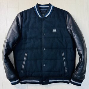 美品/Mサイズ★カルバンクライン/Calvin Klein ロゴワッペン 袖レザー 本革 メルトンウール ダウンジャケット スタジャン 中綿 メンズ 黒紺