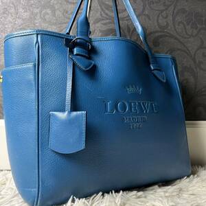 希少色◎LOEWE トートバッグ メンズ ヘリテージ ロエベ ブルー 青 ビジネス 肩掛け A4可 ロゴ型押し ブリーフケース チャーム 書類 通勤