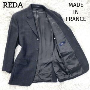 【極美品フランス製】REDA メリノウール ガンクラブチェック テーラードジャケット [48](メンズ XL相当）総裏地 3B グレー×ブルー