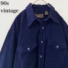 ★90s vintage 細畝 コーデュロイ シャツ ネイビー 無地 紺色