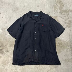 希少 90s Polo Ralph Lauren リネン シルク 半袖シャツ オープンカラー 開襟 ヴィンテージ ブラック 黒 COLDWEL HBT ヘリンボーン XL