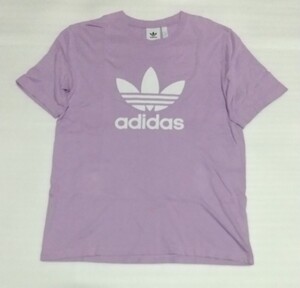 ☆adidas.com ジャパンXOトレフォイル白色ラバーBIGプリント半袖Tシャツ薄紫スポーツ洗濯済ウェアCOTTONティー フアッションTEE アディダス