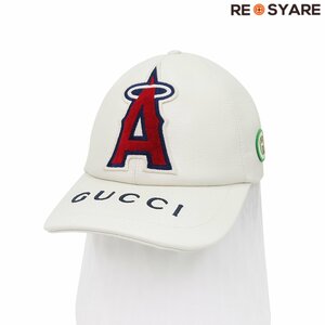 美品 GUCCI グッチ × MLB LAエンゼルス コラボ 713786 インターロッキング エンブロイダリー レザー ベースボール キャップ 帽子 46523