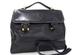 1円 ■美品■ LOEWE ロエベ アナグラム レザー 2WAY ハンドバッグ ショルダーバッグ 肩掛け 斜め掛け レディース ブラック系 FI7411