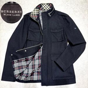 1円～☆BURBERRY BLACK LABEL バーバリーブラックレーベル ミリタリージャケット ダブルジップ チェック ホースロゴ フード付