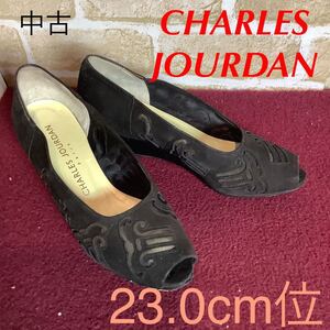 【売り切り!送料無料!】A-263 CHARLES JOURDAN!オープントゥパンプス!23.0cm位!ブラック!ウェッジソール!おしゃれ!中古!