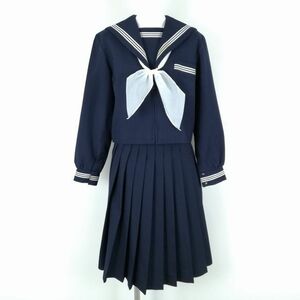 1円 セーラー服 スカート スカーフ 上下3点セット 冬物 白3本線 女子 学生服 中学 高校 紺 制服 中古 ランクC NA9301