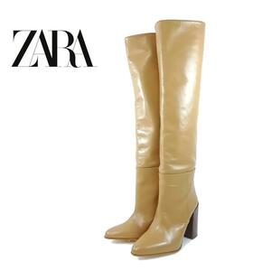 【極美品】ZARA ニーハイブーツ レザー ブラウン チャンキーヒール ザラ ポインテッドトゥ38 hws00754