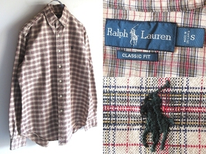 希少 00sビンテージ Ralph Lauren ラルフローレン CLASSIC FIT ロゴ刺繍 コットン チェック BDシャツ S ベージュ RN41381 正規品 USA企画