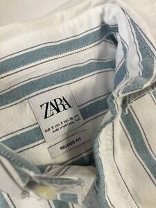 ZARA☆ブルーストライプシャツ☆EUR S☆ポルトガル製USED☆厚手素材