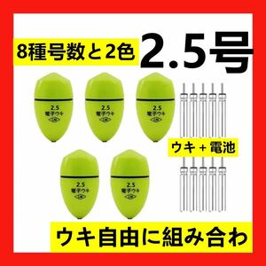 5個2.5号 黄綠色電子ウキ+ ウキ用ピン型電池 10個セット