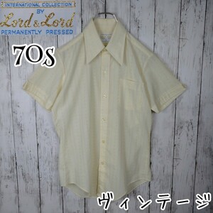 【良品】70s ヴィンテージ Lord & Lord メンズ 半袖 シャツ サイズ 14 クリーム色 薄い黄色系 Sサイズ デカ襟 古着 柄シャツ