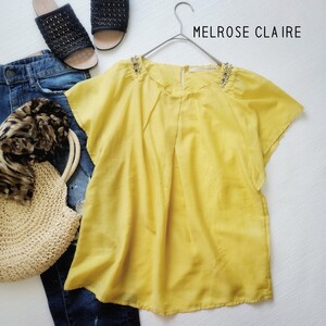 MELROSE CLAIRE メルローズ　イエロービジュー付きシアーブラウス♪黄色　プルオーバー　半袖カットソー