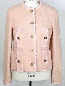 93AW CHANEL tweed jacket size 36 pink シャネル ノーカラー ツイード ジャケット ブレードパイピング ココマークボタン b8631