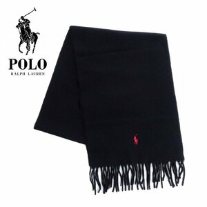 【1円/良品】ポロラルフローレン POLO RALPH LAUREN ロングマフラー 無地 ストール ワンポイントロゴ刺繍 ブラック 黒 ウール 41377