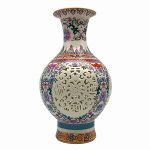 置物 花瓶 景徳鎮 透かし彫り 中国伝統柄 陶磁器製 (カラフル)