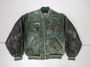 16．本革 90s00s カナダ製 Roots SPORTING GOODS デカロゴ レザー スタジャン スタジアムジャンパー バーシティジャケット メンズMz305