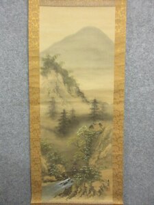 「真筆」 掛軸 山水 [B24669] 長さ187cm 幅52cm 絹本 青蘭 風景 床の間 飾り 古玩 古美術