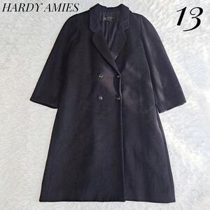 【皇室御用達/美品】HARDY AMIES ハーディエイミス カシミヤ100% ダブルチェスターコート ロング 大きいサイズ 13号 XL相当 ブラック 黒