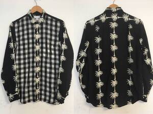 ★コムデギャルソンCOMME des GARCONS SHIRTヤシの木×ブロックチェック切替し長袖シャツSフランス製ボタニカル オールド キュプラ×ウール