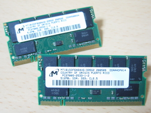 ☆★ジャンクPCパーツ★☆ Micron DDR-333 PC2700 512MB 200pin 2枚セット♪ ★希少!! 16枚チップ搭載★ 計1GB！出品時動作確認-SET-MD04
