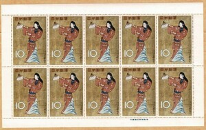 1961年　切手趣味週間　女舞姿　１シート（10円×10枚）★未使用NH　　※左耳紙部分に目打ちのあるタイプ