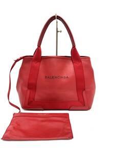 6L2215【本物保証】バレンシアガ ネイビーカバス S トート ハンド バッグ ポーチ 付き レザー レッド ロゴ BALENCIAGA