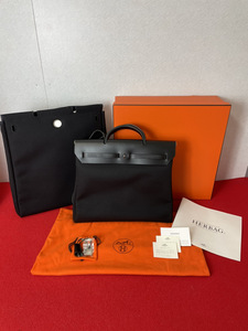 15681-05★1円～★美品 HERMES/エルメス エールバッグMM □G刻印 2003年製 ブラック トワルオフィシエ レザー ハンドバッグ★