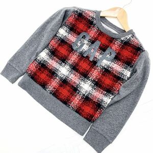 ■ギャップ GAP キッズ KIDS グレー × 赤チェック スウェット トレーナー 130cm 【胸ロゴ入り♪可愛いお品です】【男女共用】■AA82