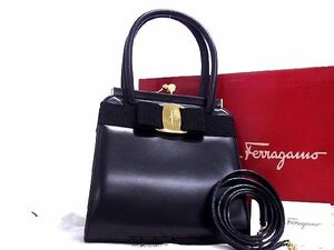 ■極美品■ SalvatoreFerragamo フェラガモ DF-21 ヴァラリボン レザー がま口 2WAY ハンドバッグ ショルダーバッグ ブラック系 AL7411