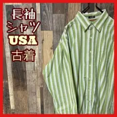 ストライプ グリーン メンズ L シャツ USA古着 90s 長袖 カジュアル